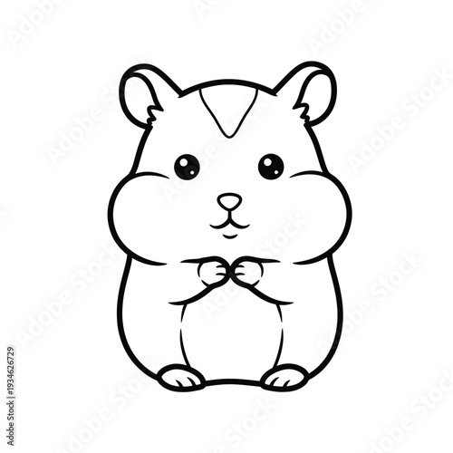 Adorable, simple cartoon outline of a cute hamster with chubby cheeks and paws clasped, a perfect minimalist design for children's books and creative projects.