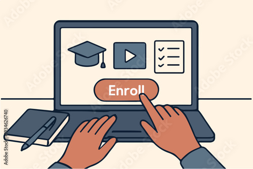 Minimal Flat Vector of Online Course Enrollment on Laptop for E-Learning Platforms and Digital Education Websites