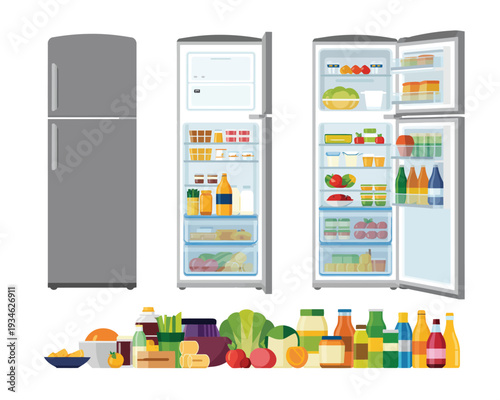 Modern refrigerators shown closed, open empty, and full of various healthy food.