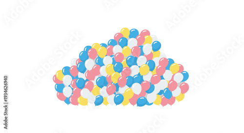 A large, dense mound of numerous pink, blue, yellow, and white inflated balloons is piled on a clean white background.