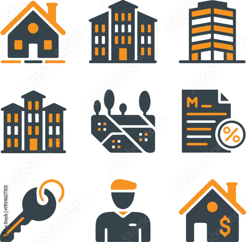 Real estate and property management icon set with house, buildings, mortgage document, and maintenance tools