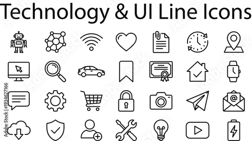 Technology and UI line icon set with communication, devices, security, navigation, and digital interface symbols for modern applications