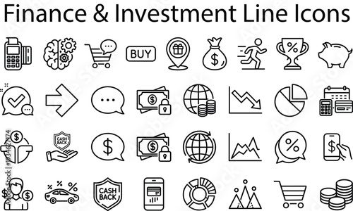 Finance and investment line icon set with trading, cashback, analytics, ecommerce, banking, and money management symbols for business