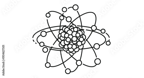 Atomic structure illustration a cluster of particles with orbiting electrons depicted in black