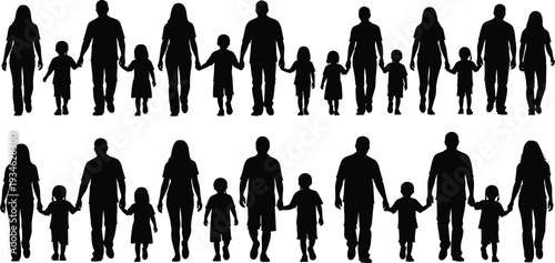 Two rows of walking family silhouettes holding hands, featuring parents and children, isolated on a transparent background for versatile use