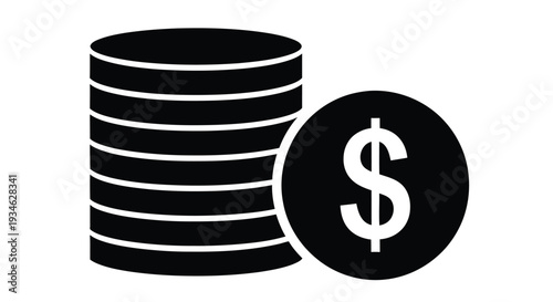 Black silhouette of stacked coins and a single dollar sign icon