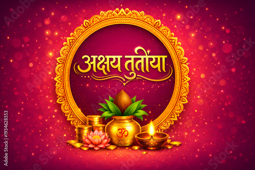 Akshaya Tritiya vector festive prosperity background with golden kalash coconut lotus diya coins and decorative mandala frame on glowing red celebration backdrop