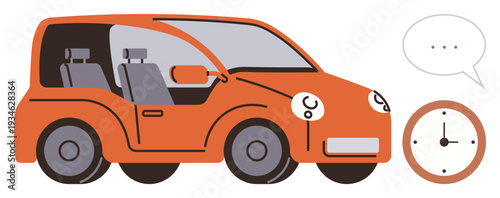 Time management, travel planning, commuting, efficiency, mobility, productivity. An orange car, speech bubble and clock highlight of punctuality and effective task coordination. Time management