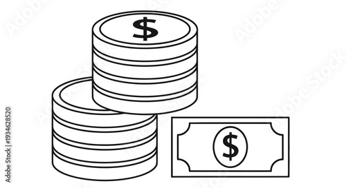 Simple line drawing of stacked coins and a dollar bill illustration
