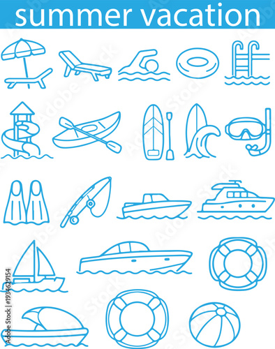 set of icons of signs denoting active summer vacation on the beach and near the water, for websites, applications, digital projects or social networks