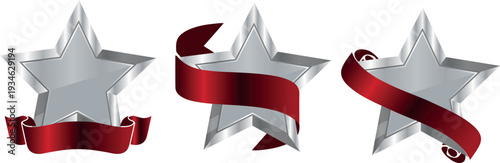 set of decorative silver stars as a symbol of victory, award or rating with red ribbons for signatures of various shapes, for festive graphics, icons of achievements and certificates of awards
