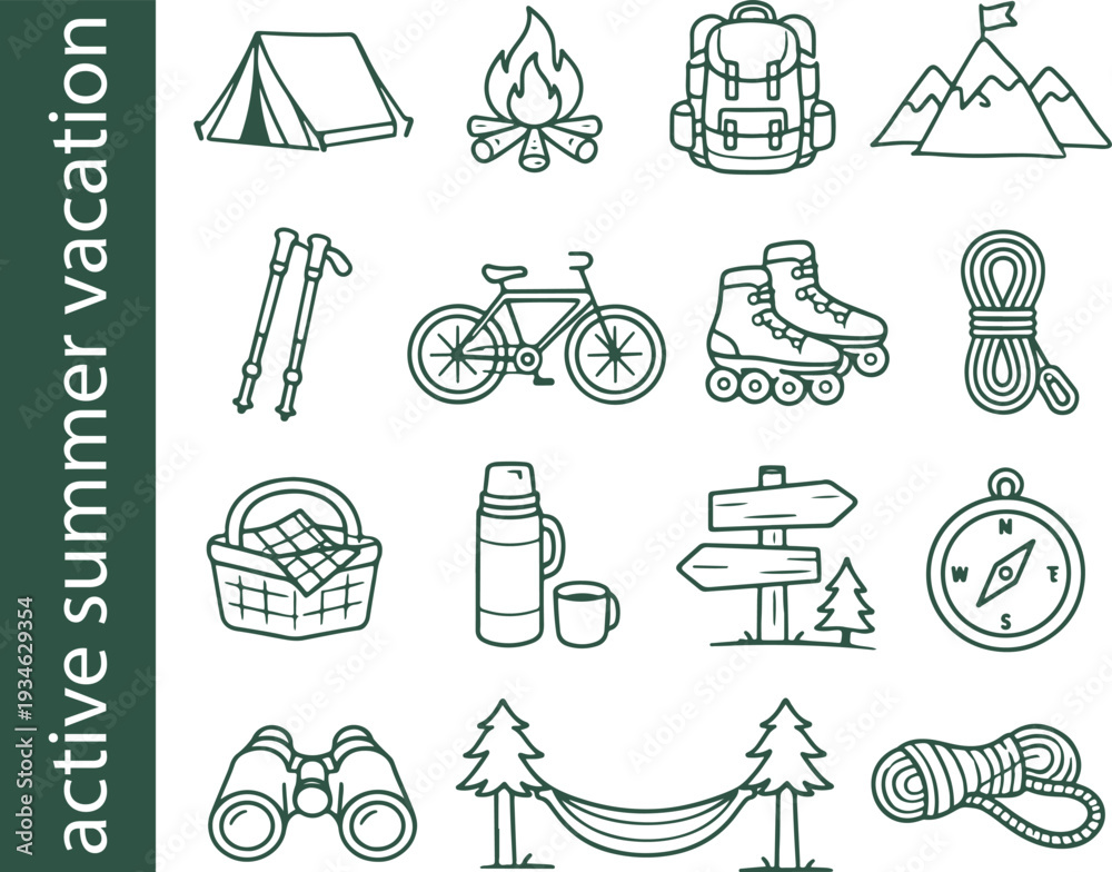 Fototapeta premium set of icons of signs denoting active summer recreation in nature, for websites, applications, digital projects or social networks