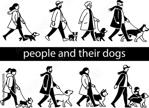 set of icons of diverse people of different genders and ages walking their dogs of different breeds, for websites, apps, digital projects or social media