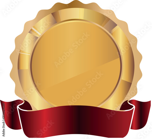 template of editable gold medal icon with red ribbon at the bottom for signature, for holiday graphics, achievement icons and award certificates