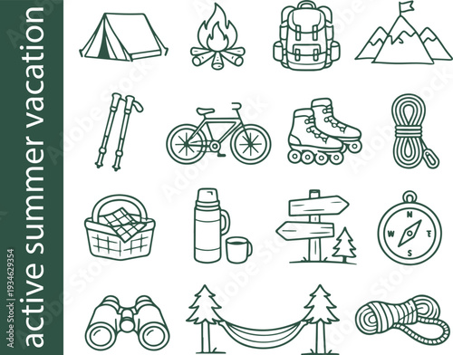 set of icons of signs denoting active summer recreation in nature, for websites, applications, digital projects or social networks