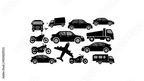 Two Color Vehicle Silhouettes Collection Cars Trucks Bikes Airplanes Transportation Vector Icons
