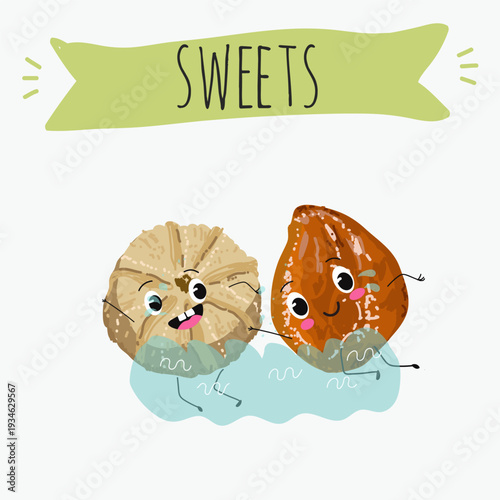 Funny Characters Ma'amoul dessert, Turkish candied chestnut (Kestane Sekeri) , hand drawn vector illustration.