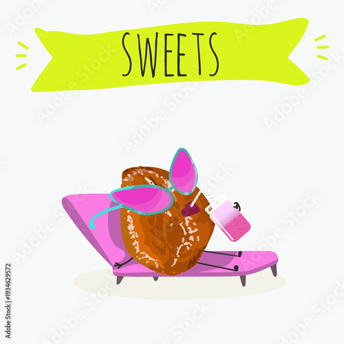 Funny Characters Ma'amoul dessert, Turkish candied chestnut (Kestane Sekeri) , hand drawn vector illustration.