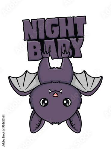 A cartoon bat hangs upside down with outstretched wings holding a Night Baby sign