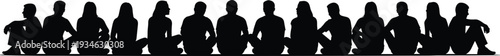 Diverse group of people sitting on floor in a long line, men and women, audience or students silhouette vector collection