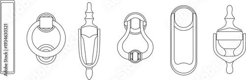 Vintage Door Knocker Set, Classic and Antique Entrance Hardware Collection, Blueprint, Symbol, Editable Stroke, Vector, Illustration