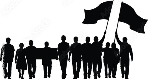 Silhouette people protest with raised flags, group of strikers, protestors demonstration vector illustration, political rally