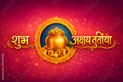 Akshaya Tritiya vector festival greeting design with golden kalash full of coins decorative frame sparkling red background and hindi text for hindu prosperity celebration