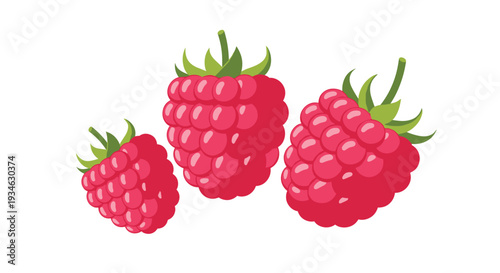 Three individual, vibrant red raspberries with distinct green stems are scattered across a clean white surface from a slightly elevated perspective.