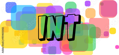The abbreviated word INT in a vibrant colorful fill is displayed on a dynamic background of overlapping translucent shapes