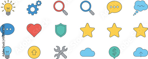 User interface and web icon set, flat vector illustration for communication, rating, cloud storage and settings concepts
