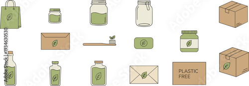 Eco friendly packaging and plastic free product icon set, flat vector illustration for sustainable branding and green business