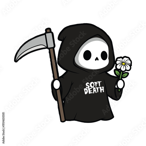 Cartoon grim reaper holding a scythe and a flower, symbolizing soft death in a humorous illustration