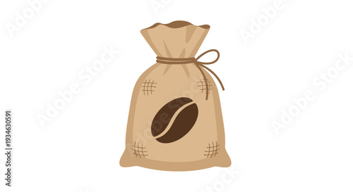 A rustic burlap sack, securely tied with twine, prominently displays a large brown coffee bean icon on its textured fabric surface.