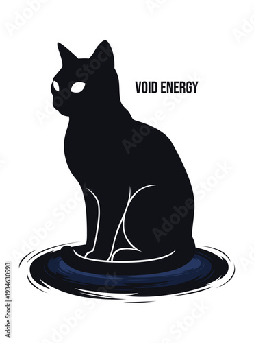 Mysterious cat silhouette sitting on a dark blue energy vortex with glowing eyes, surrounded by void energy, illustration, dark atmosphere, close-up viewpoint