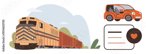 Sustainable mobility, energy efficiency, eco-friendly transport, modern vehicles, logistics, cross-industry innovation. Cargo train, electric car and a heart symbol illustrated. Sustainable mobility