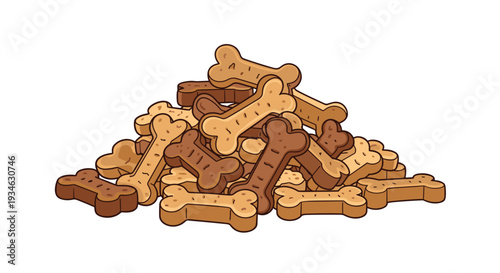 A large, irregular stack of numerous bone-shaped dog biscuits in various shades of tan and brown is centrally positioned on a clean white background.