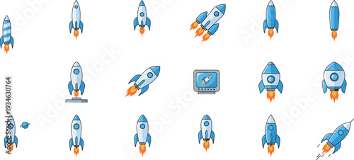 Rocket launch and startup growth icon set, flat vector illustration for business innovation, space mission and success concepts