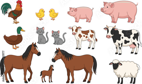 Large set of domestic farm animals featuring horses, cows, pigs, sheep, cats, ducks, and chickens isolated on white background flat vector 