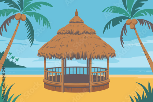 Tropical Beach Illustration, Featuring Circular Tiki Hut, Thatched Roof, Palm Trees, Golden Sand, and Turquoise Ocean