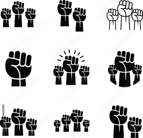 Protest Fist Icon Set, Highlighting Bold Graphic Fists with Sharp Edges and Knuckle Details on White Background