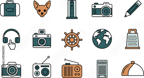 Travel and lifestyle object icon set, flat vector illustration for camera, radio, globe and everyday essentials concepts