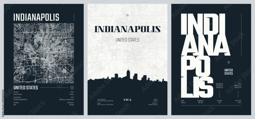 Obraz premium Detailed urban street plan city map Indianapolis the capital and most populous city of the US state of Indiana, Vector set of travel posters, Silhouette city skyline artwork, kit 2
