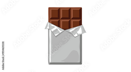 A rectangular chocolate bar is partially unwrapped, revealing its segmented brown surface and crinkled silver foil wrapper, centrally positioned on a plain white background.