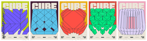 Postmodern abstract geometric trendy simple modern, Contemporary art bold minimal compositions, Set poster with isometric 3D cube shape in brutalism aesthetics, vector avant-garde ornament, kit 2