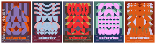 Postmodern symmetry abstract 3d geometric ornament in brutalism aesthetics, A4 bold minimalistic poster, Colorful vector trendy modern isometric mosaic pattern, distortion brutal elements set 2