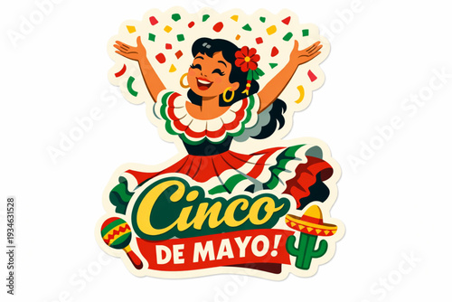 Retro 1950s Cinco de Mayo Dancing Woman Tossing Confetti Sticker