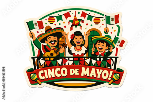 Retro 1950s Cinco de Mayo Cheering Balcony Scene Sticker