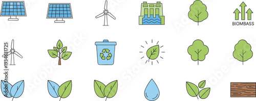 Renewable energy and environmental sustainability icon set, flat vector illustration for solar power, wind turbine and recycling concepts