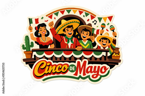 Retro 1950s Cinco de Mayo Cheering Balcony Scene Sticker