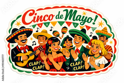 Retro 1950s Cinco de Mayo Fiesta Crowd Sticker